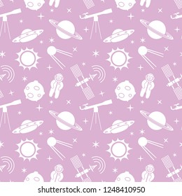 Seamless pattern with telescope, UFO, satellite, planets, astronaut, orbital station, sun, stars. Space exploration. Astronomy. Science.