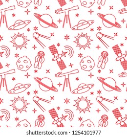 Seamless pattern with telescope, UFO, satellite, planets, astronaut, orbital station, sun, stars. Space exploration. Astronomy. Science.