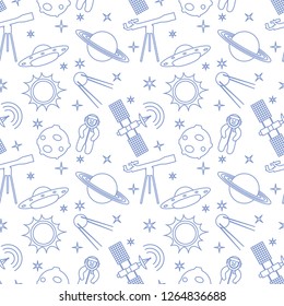 Seamless pattern with telescope, UFO, satellite, planets, astronaut, orbital station, sun, stars. Space exploration. Astronomy. Science.