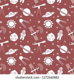 Seamless pattern with telescope, UFO, satellite, planets, astronaut, orbital station, sun, stars. Space exploration. Astronomy. Science.