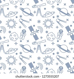 Seamless pattern with telescope, UFO, satellite, planets, astronaut, orbital station, sun, stars. Space exploration. Astronomy. Science.