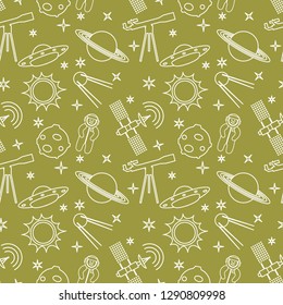 Seamless pattern with telescope, UFO, satellite, planets, astronaut, orbital station, sun, stars. Space exploration. Astronomy. Science.