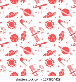 Seamless pattern with telescope, UFO, satellite, planets, astronaut, orbital station, sun, stars. Space exploration. Astronomy. Science.