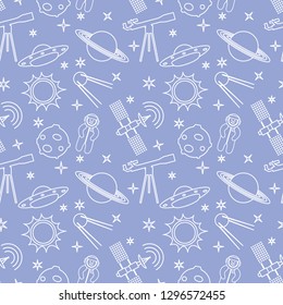 Seamless pattern with telescope, UFO, satellite, planets, astronaut, orbital station, sun, stars. Space exploration. Astronomy. Science.