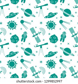Seamless pattern with telescope, UFO, satellite, planets, astronaut, orbital station, sun, stars. Space exploration. Astronomy. Science.