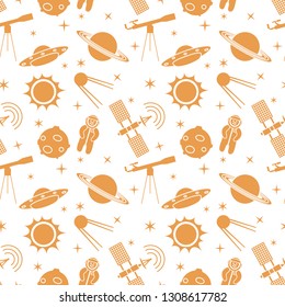 Seamless pattern with telescope, UFO, satellite, planets, astronaut, orbital station, sun, stars. Space exploration. Astronomy. Science.