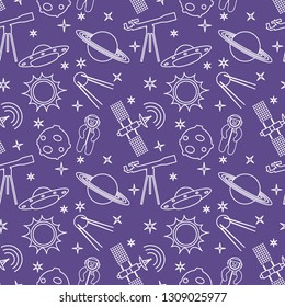 Seamless pattern with telescope, UFO, satellite, planets, astronaut, orbital station, sun, stars. Space exploration. Astronomy. Science.