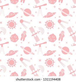 Seamless pattern with telescope, UFO, satellite, planets, astronaut, orbital station, sun, stars. Space exploration. Astronomy. Science.