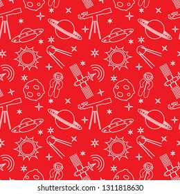 Seamless pattern with telescope, UFO, satellite, planets, astronaut, orbital station, sun, stars. Space exploration. Astronomy. Science.