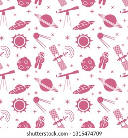 Seamless pattern with telescope, UFO, satellite, planets, astronaut, orbital station, sun, stars. Space exploration. Astronomy. Science.