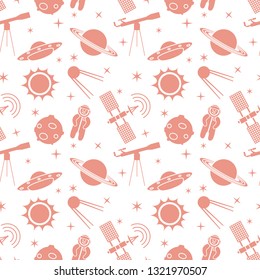 Seamless pattern with telescope, UFO, satellite, planets, astronaut, orbital station, sun, stars. Space exploration. Astronomy. Science.