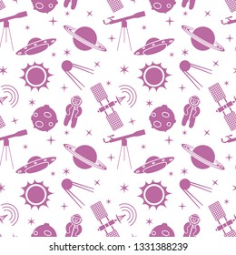 Seamless pattern with telescope, UFO, satellite, planets, astronaut, orbital station, sun, stars. Space exploration. Astronomy. Science.