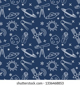 Seamless pattern with telescope, UFO, satellite, planets, astronaut, orbital station, sun, stars. Space exploration. Astronomy. Science.
