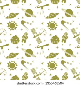 Seamless pattern with telescope, UFO, satellite, planets, astronaut, orbital station, sun, stars. Space exploration. Astronomy. Science.