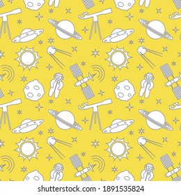 Seamless pattern with telescope, UFO, satellite, planets, astronaut, orbital station, sun, stars. Space exploration. Astronomy. Science. Illuminating and Ultimate Gray.