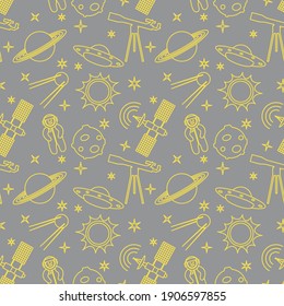 Seamless pattern with telescope, UFO, satellite, planets, astronaut, orbital station, sun, stars. Space exploration. Astronomy. Science. Illuminating and Ultimate Gray.