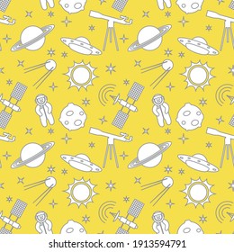 Seamless pattern with telescope, UFO, satellite, planets, astronaut, orbital station, sun, stars. Space exploration. Astronomy. Science. Illuminating and Ultimate Gray.