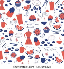 Seamless pattern. Template for a cafe with tea cups and desserts. Suitable for menu design.