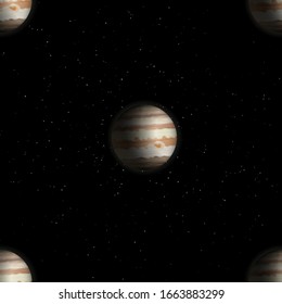 seamless Pattern template design for your packing paper. Vector realistic Jupiter on black space background.