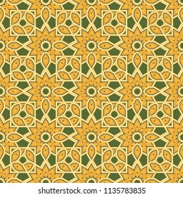 Seamless pattern template with ethnic ornate and abstract mandala in beige, yellow and green colors. Lace pattern with tribal geometric pattern cards. Vector sketch for boho, authentic design.