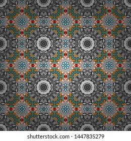 Seamless pattern template with ethnic ornate and abstract mandala in gray, blue and brown colors. Lace pattern with tribal geometric pattern cards. Vector sketch for boho, authentic design.