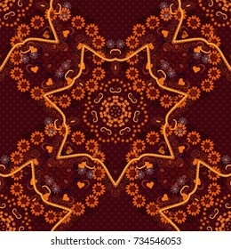 Seamless pattern template with ethnic ornate and abstract mandala in brown, orange and red colors. Lace pattern with tribal geometric pattern cards. Vector sketch for boho, authentic design.