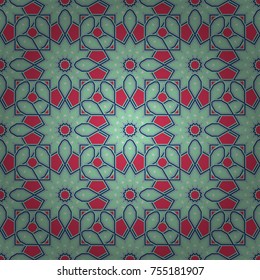 Seamless pattern template with ethnic ornate and abstract mandala in beige, violet and blue colors. Lace pattern with tribal geometric pattern cards. Vector sketch for boho, authentic design.