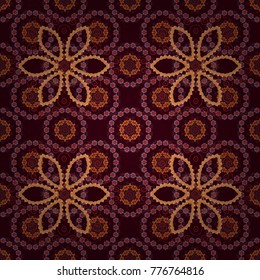 Seamless pattern template with ethnic ornate and abstract mandala in brown, red and violet colors. Lace pattern with tribal geometric pattern cards. Vector sketch for boho, authentic design.