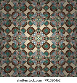 Seamless pattern template with ethnic ornate and abstract mandala in brown, blue and beige colors. Lace pattern with tribal geometric pattern cards. Vector sketch for boho, authentic design.