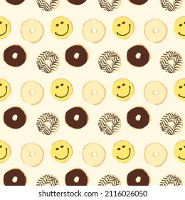 Seamless pattern template of four kinds colorful sweet doughnuts, glazed with white chocolate, dark chocolate, and smily doughnuts. Vector illustration flat style isolated on yellow pastel background