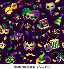 Seamless pattern Template with Golden Carnival Masks on Black Background. Glittering Celebration Festive. Vector Illustration.