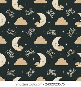 Seamless pattern template with moon clouds and stars on dark background. Hand drawn lettering of goodnight and sweet dreams. Great for wallpaper, nursery, wrapping paper, scrapbooking, fabric and