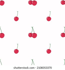 Seamless pattern template vector red flat cherry pattern design. Hand painted seamless pattern with small cherries in red, green on white background. Cute cartoon cherries . Juicy berries design.