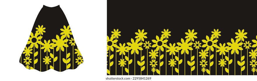 Seamless pattern template with yellow sunflowers on black background and skirt decorated by the same pattern
