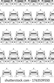 Seamless pattern with temple or orthodox cathedral of Greece as anti stress coloring book for adults. Outline or linear vector stock illustration with cathedral or architecture as a colorless coloring