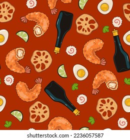 Seamless pattern with tempura shrimp, soy sauce, narutomaki, eggs, lime, lotus root. Vector graphics.