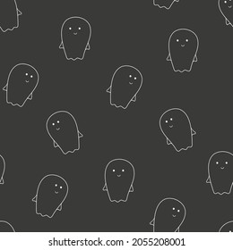 Seamless pattern of ten ghost outline on a black background, cartoon Halloween vector illustration