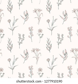 Seamless pattern with tender blooming flowers drawn on white background. Botanical backdrop with elegant wild plants. Natural floral vector illustration for wrapping paper, wallpaper, textile print.