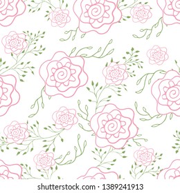 Seamless pattern tender drawn roses and foliage. Pastel colours pink and green vector illustration.