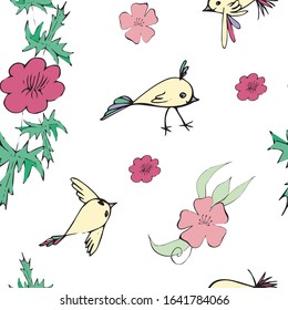 seamless pattern with tender flowers and birds flying