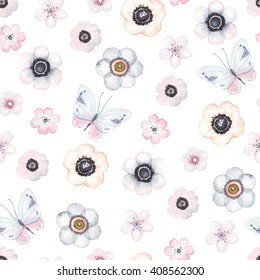 Seamless pattern with tender flowers and butterflies on white background, vector illustration in vintage watercolor style.