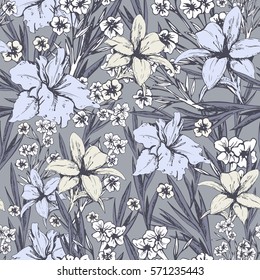 Seamless pattern with tender flowers, lilies and gladioluses