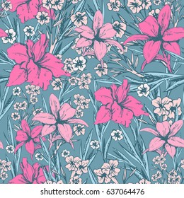 Seamless pattern with tender flowers, lilies and gladioli 