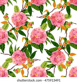 Seamless pattern with tender pink camellia flowers with new buds and green leaves, on white background; scalable vector graphic