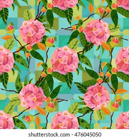 Seamless pattern with tender pink camellia flowers with new buds and green leaves, on a teal blue geometric shapes background; scalable vector graphic