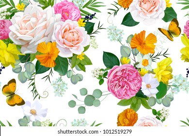 Seamless pattern with tender roses,daffodils and butterflies