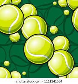Seamless pattern with tennis ball graphics. Vector illustration. Ideal for wallpaper, packaging, fabric, textile, wrapping paper design and any kind of decoration.