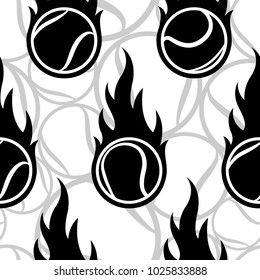 Seamless pattern with tennis ball icons and flames. Vector illustration. Ideal for wallpaper, wrapping, packaging, fabric design and any kind of decoration.