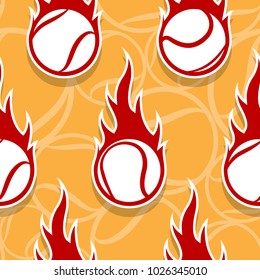 Seamless pattern with tennis ball icons and flames. Vector illustration. Ideal for wallpaper, wrapping, packaging, fabric design and any kind of decoration.