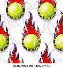 Seamless pattern with tennis ball icons and flames. Vector illustration. Ideal for wallpaper, wrapping, packaging, fabric design and any kind of decoration.